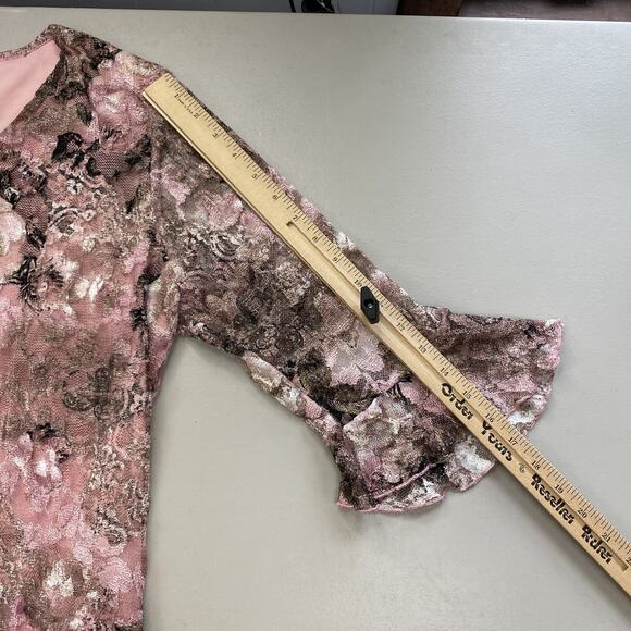Dressbarn Top 1X Pink Floral Lace Bell Sleeve Sheer Layers Fairy Grunge Vtg Y2K - Picture 7 of 14
